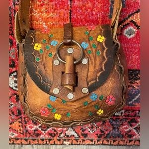 Boho hippie Mexican handmade vintage leather tooled bag
